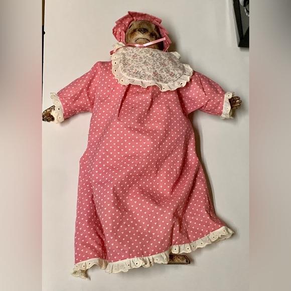Vintage Artisan Hand Crafted Female Baby Doll Pink Dress Rabbit Head Baroque - Picture 14 of 15